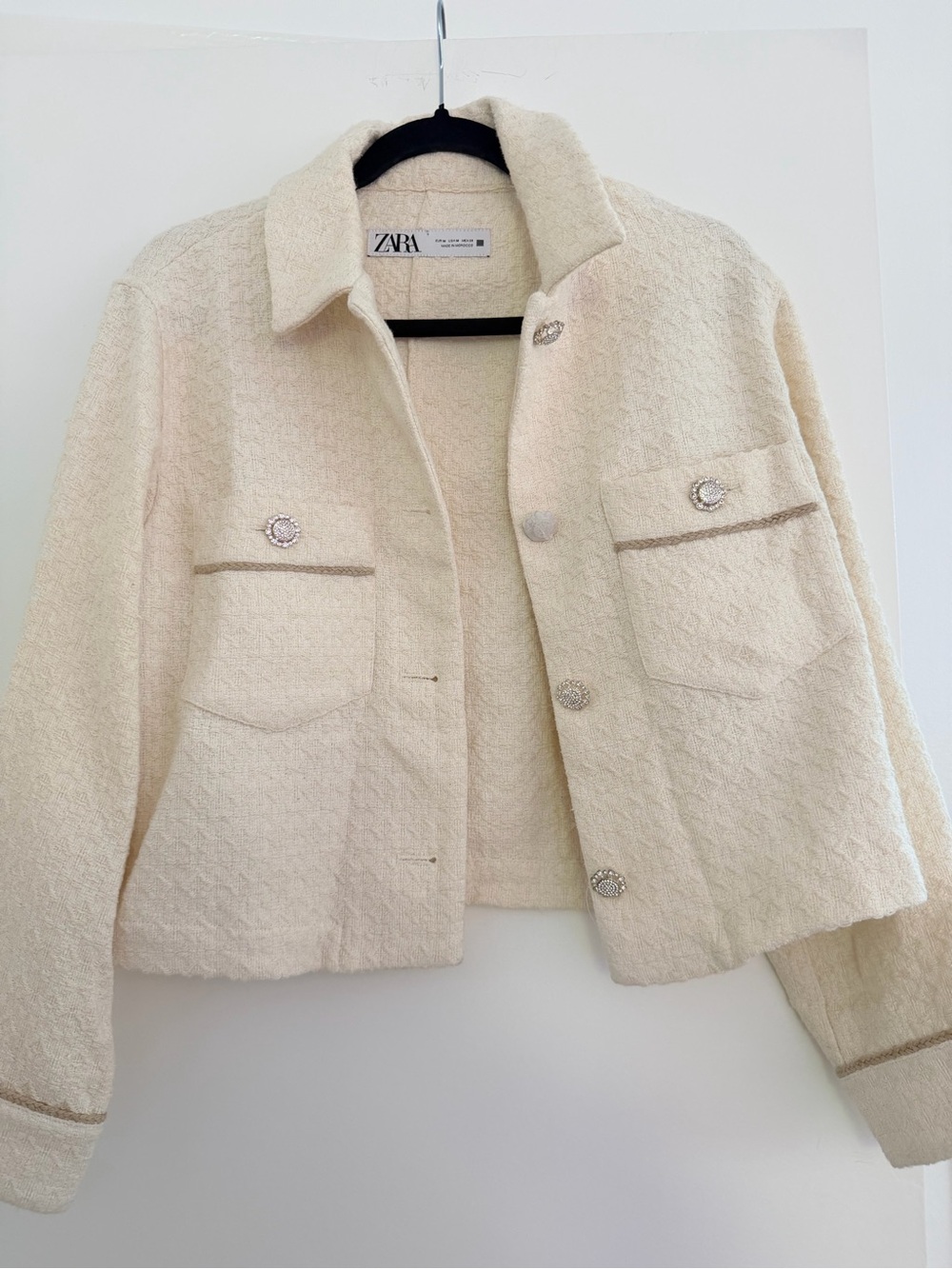 ZARA Cream Bouclé Cropped Button Jacket